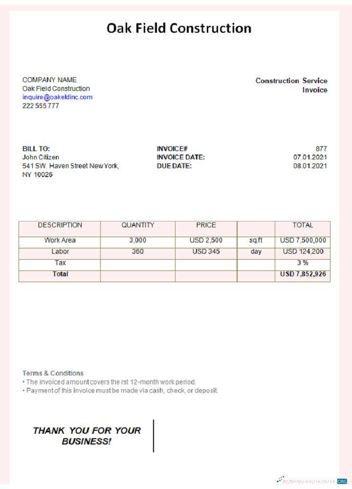 Download USA Oak Field Construction invoice Photoshop template